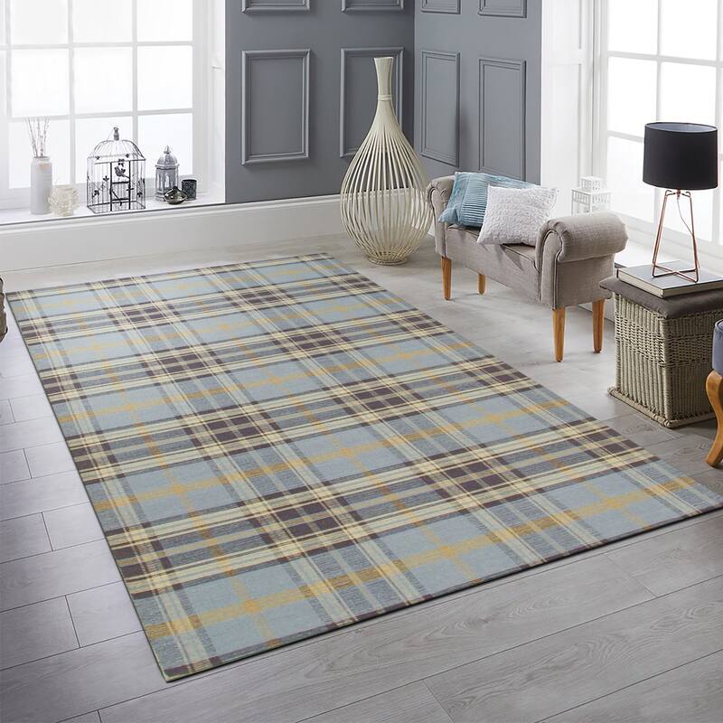 EORC Handmade Wool Plaid Rug | Stylish Blue Area Rug for Living Room, Bedroom, Office, & Home Décor | Durable & Trendy Design - 5' x 8'