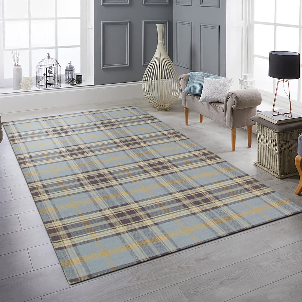 Home Decor EORC Handmade Wool Plaid Rug Stylish Blue Area Rug for Living Room, Bedroom, Office, & Home Décor Durable & Trendy