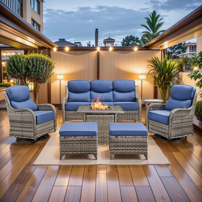 Pocassy 7 Pieces Outdoor 6" Sofa Swivel Chair Ottoman with Fire Pit Table - Gray Wicker - Blue cushion