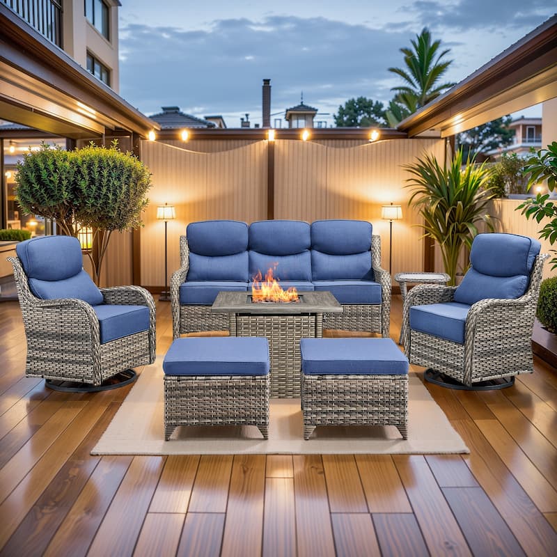 Pocassy Outdoor 6" Sofa Swivel Chairs with Fire Table Funiture - Grey Wicker Blue Cushion - 7 Pieces Sofa Chair Ottoman Table w/ Fire Table