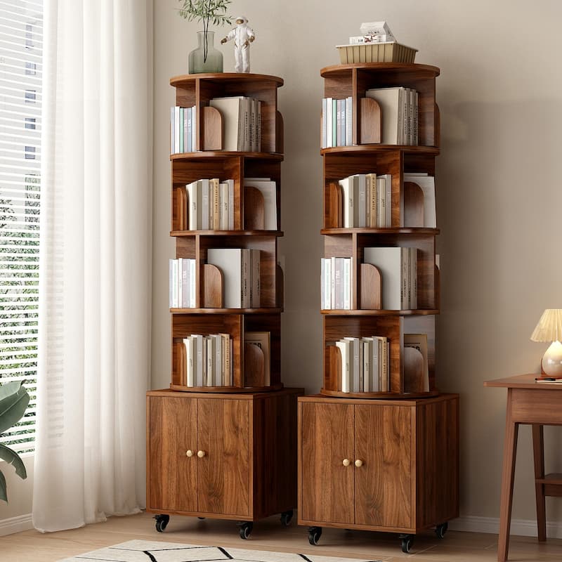 Anmytek 360 Rotating Corner Bookshelf with Wheels Space Saving Storage for Small Rooms