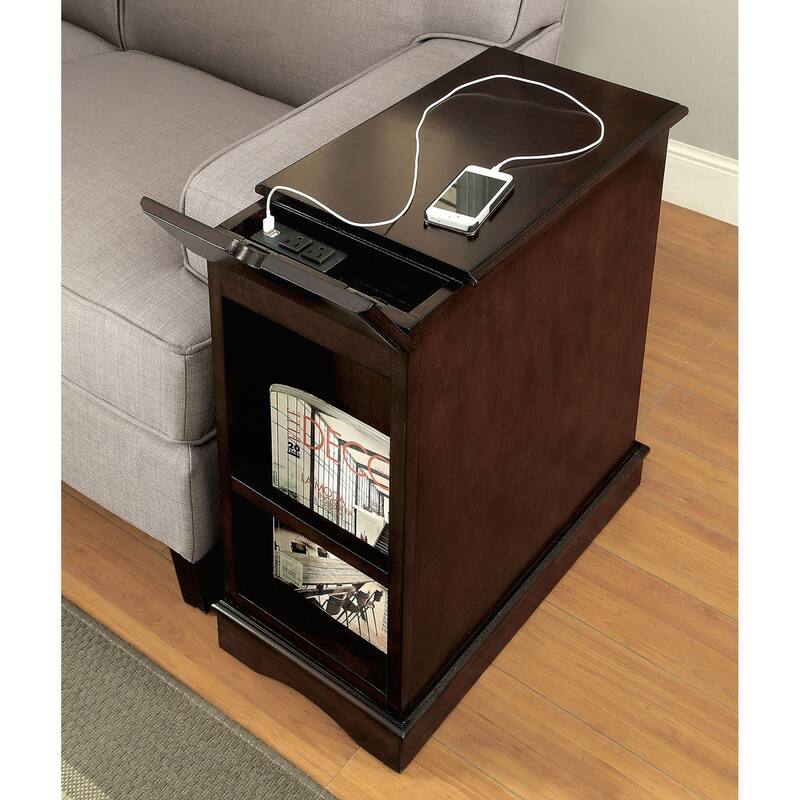 Transitional Side Table with Pull-Out Cup Holder and Built-In USB Outlet