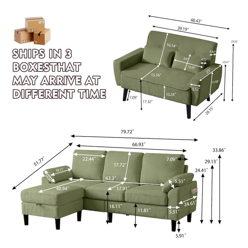 3-Piece Living Room Sectional Sofa Set with Loveseat and Ottoman