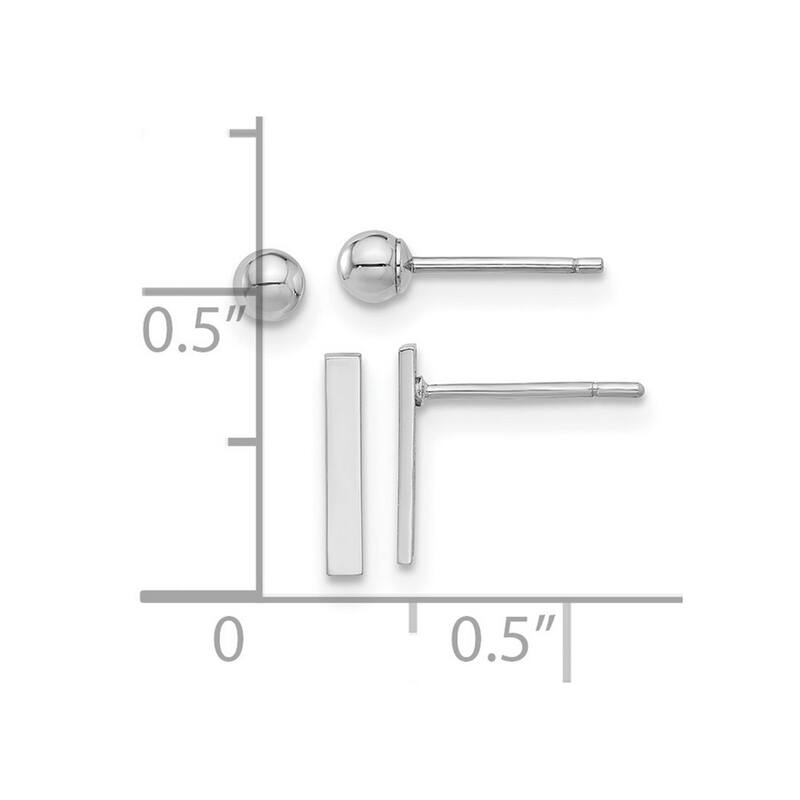 Curata 14k White Gold Polished 3mm Ball and Bar Earrings - Set