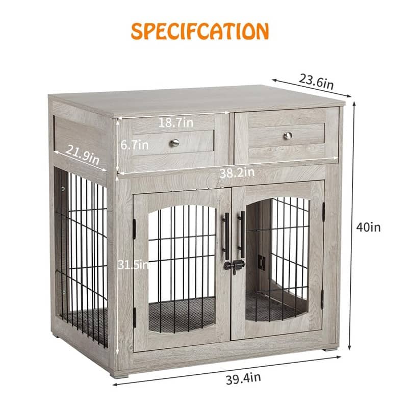 Wooden Dog Crate Furniture with Cushion 3Door Kennel End Table with2 Drawers