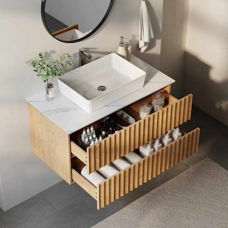 35.43" Floading Single Bathroom Vanities, With 2 Drawers, Glossy Sintered Stone Top, Light Wood - White/Brown - Wood Finish/Glossy