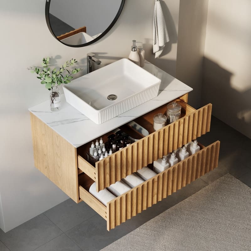 35.43" Floading Single Bathroom Vanities, With 2 Drawers, Glossy Sintered Stone Top, Light Wood