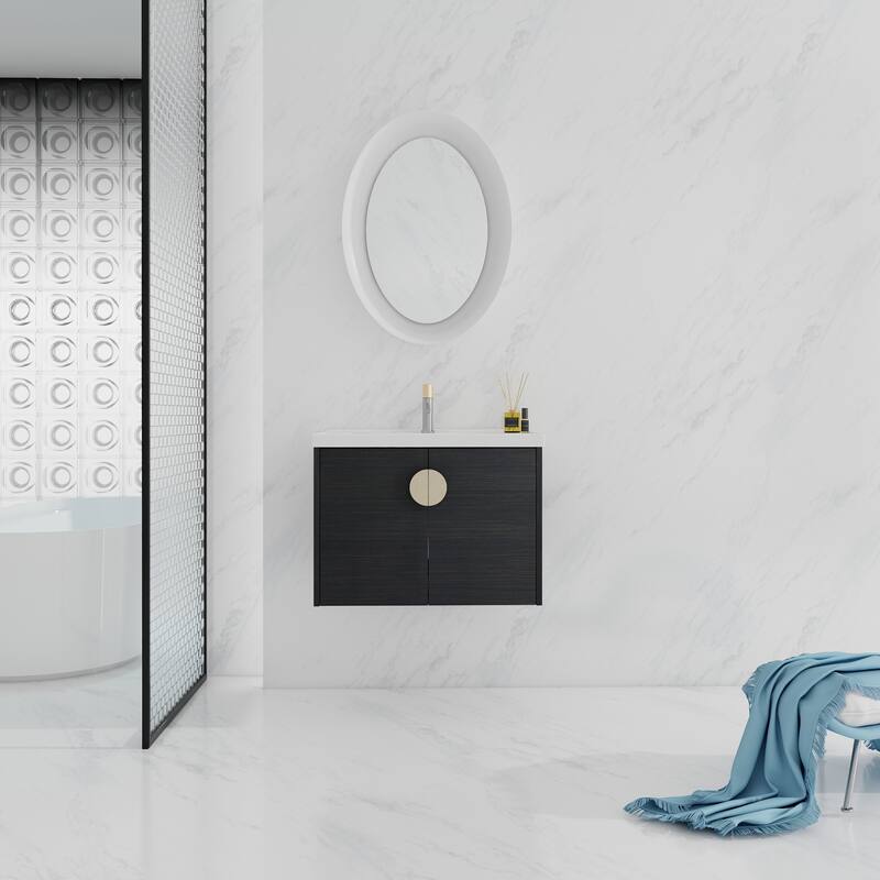 Wall Mounted Bathroom Vanity with Ceramic Basin, 27.8" x 18.5", Black Chestnut Finish, 2 Doors - 27.8in L Plywood - Black Chestnut