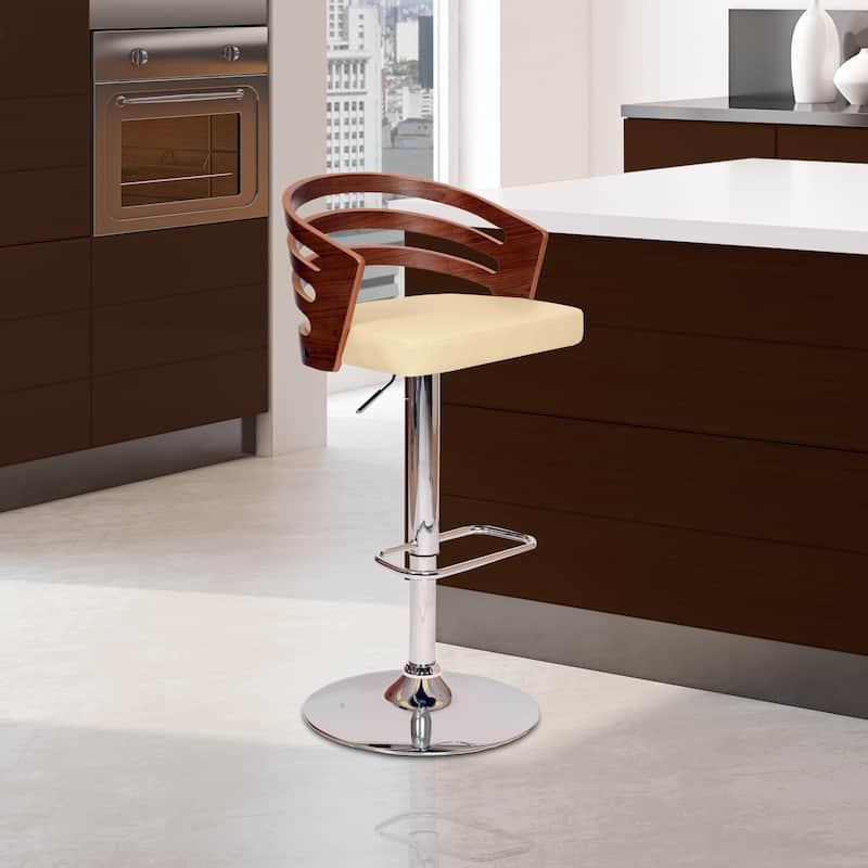 25" Adjustable Height Swivel Kitchen Bar Stool with Cream Faux Leather Seat and Walnut Wood Backrest - 44"H x 19"W x 19"D