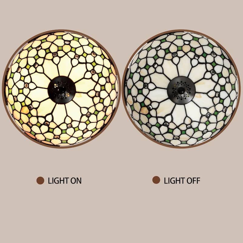 Guarvey 52-Inch Flushmount Two-Tiered Lighted Ceiling Fan Ivory Tiffany Glass Lamp Black Finish