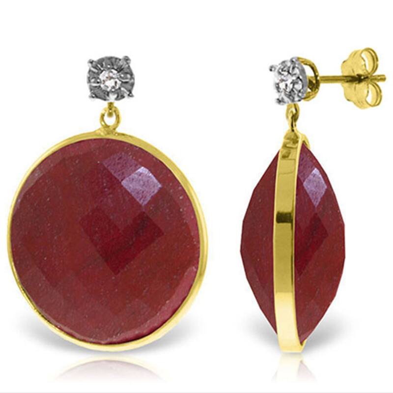 14K Solid Gold Diamonds Earrings w/ Dangling Round Cut Dyed Rubies - Yellow