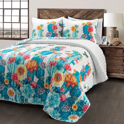 Lush Decor Southwest Vibrant Cactus Reversible Oversized 3 Piece Quilt Set