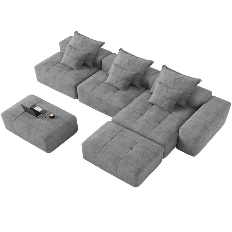 Modern Oversized Modular Sectional Sofa, Chenille Fabric Floor Couch with 6 Pillows, 5-Seater Upholstered Tufted Sofa