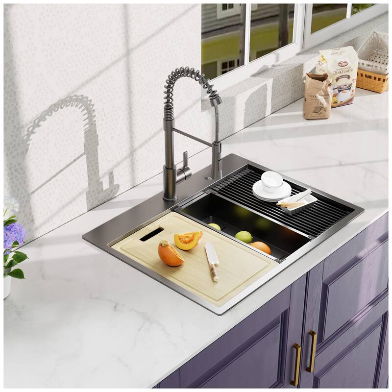 Workstation 18Gauge 304 Stainless Steel Kitchen Sink with Black Spraing Neck Faucet