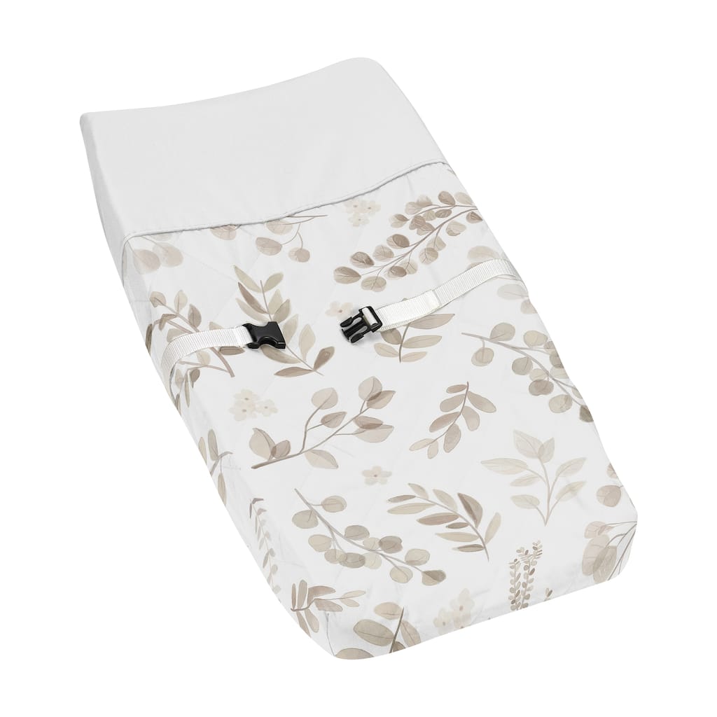 Floral Leaf Boy Girl Changing Pad Cover - Ivory Cream Beige Taupe White Gender Neutral Boho Watercolor Botanical Flower Woodland