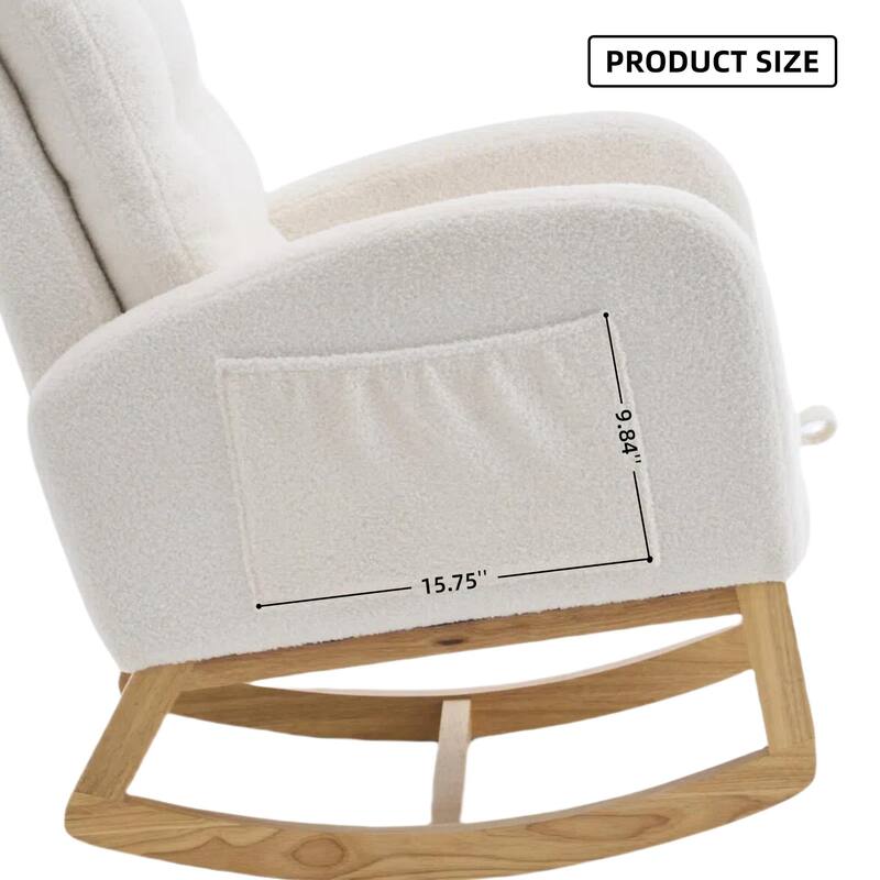 Plush Accent Rocking Chair with Footrest, Cream White High-Back Rocker, Rubber Wood Lounge Chair for Nursery & Living Room