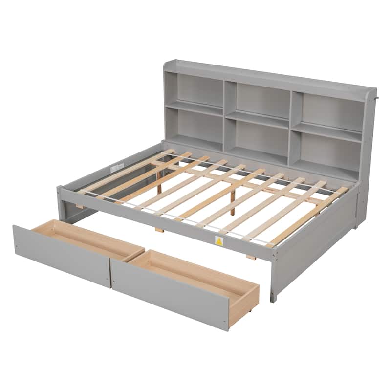 Full Size Bookcase Captain's Bed with Pull-out Storage Drawers, Available White L-Shaped Corner Bed or Grey Daybed, Wood Frame