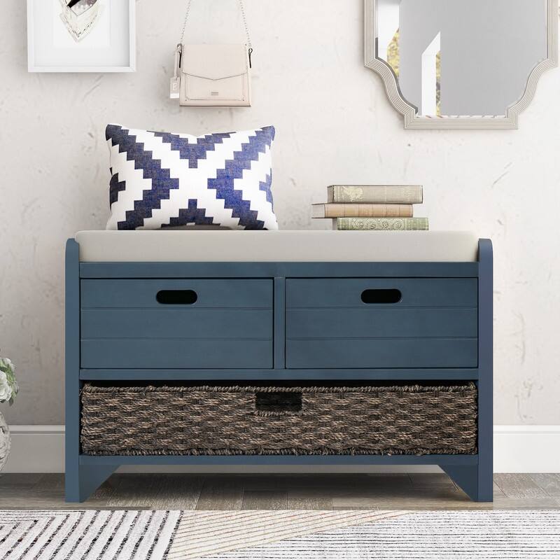 Grondin Retro Framhouse Style Entry Storage Shoe Bench with Padded Cushion, 2 Drawers and Removable Basket - Navy