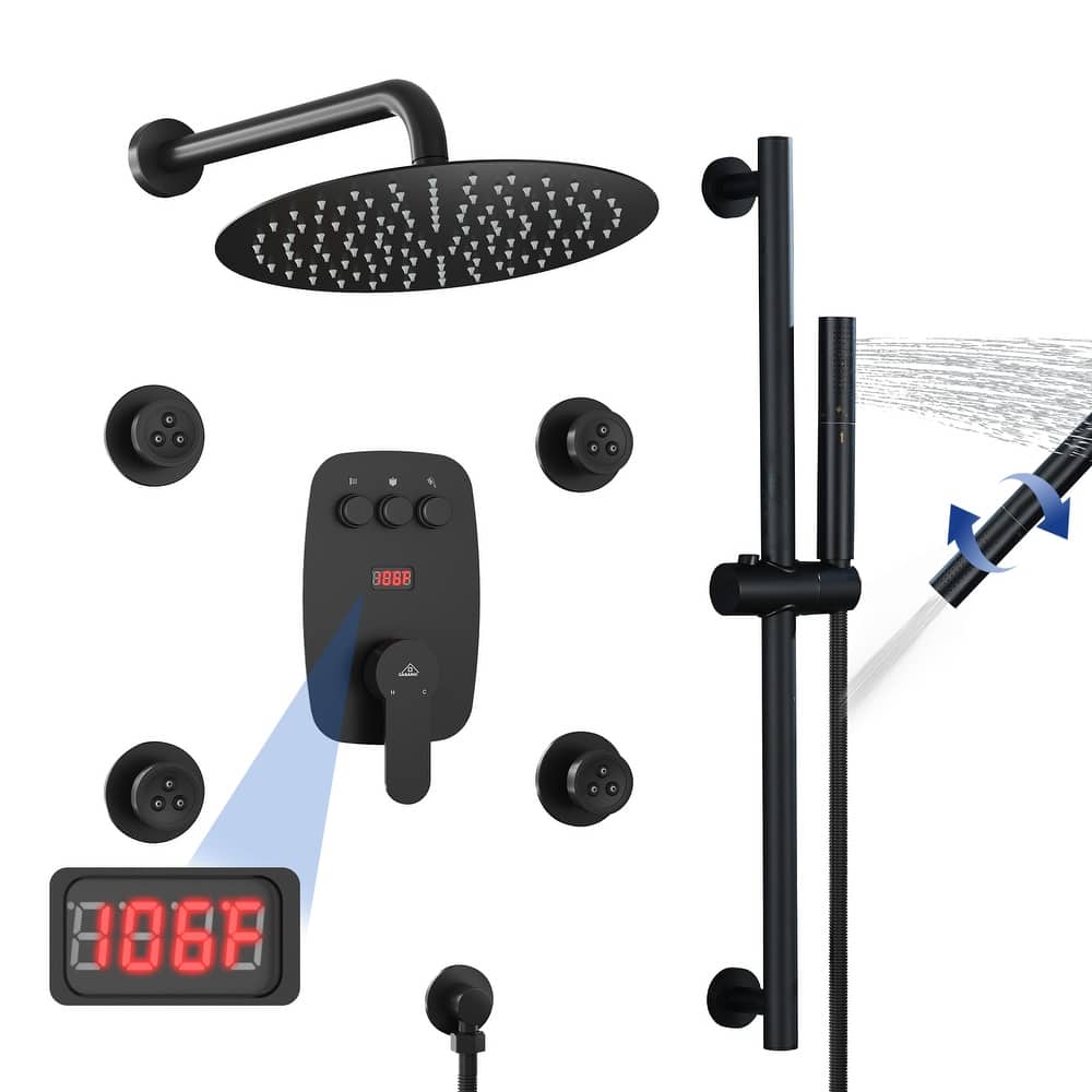 3-Spray Patterns 12 in. Dual Shower Head Fixed and Handheld Shower Head with Digital Display, 4 Body Jets, and Pressure-Balanced