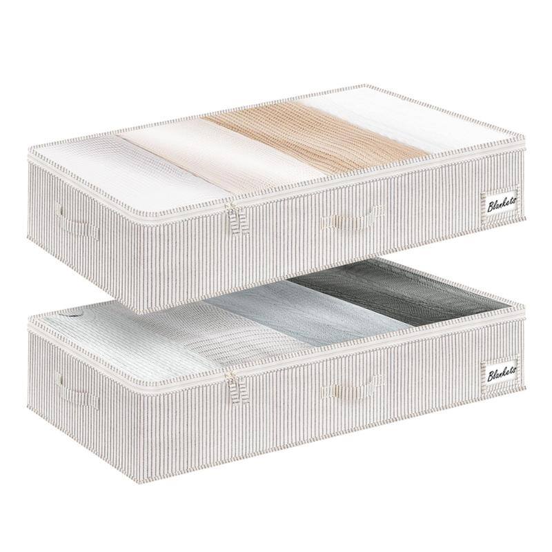 Underbed Storage,Fabric Organizers with Reinforced Handles & Label Holders,2-Pack - grey stripe - Large