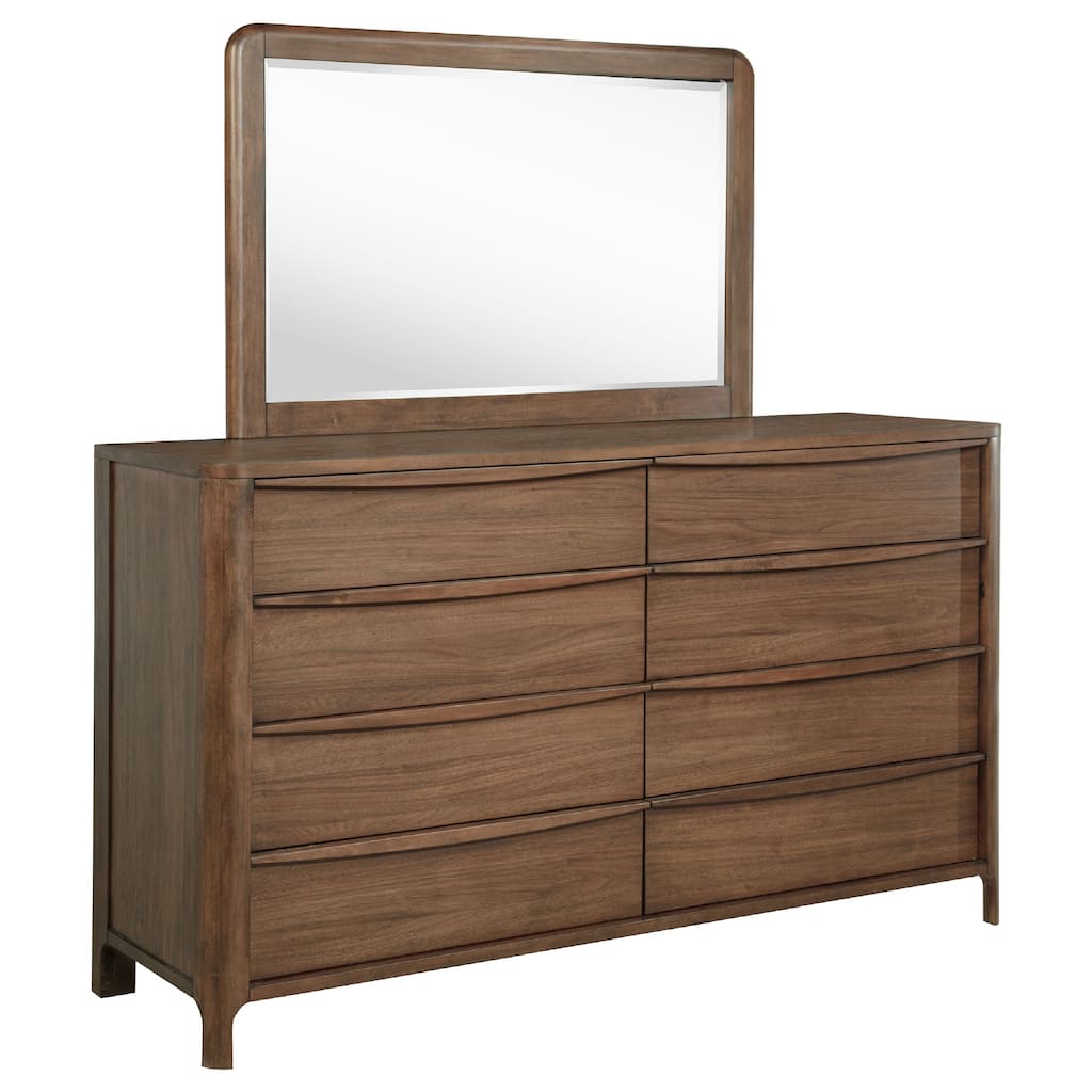 Rie Wide Dresser with Mirror, 8 Drawers, Walnut Brown, Rounded Corners