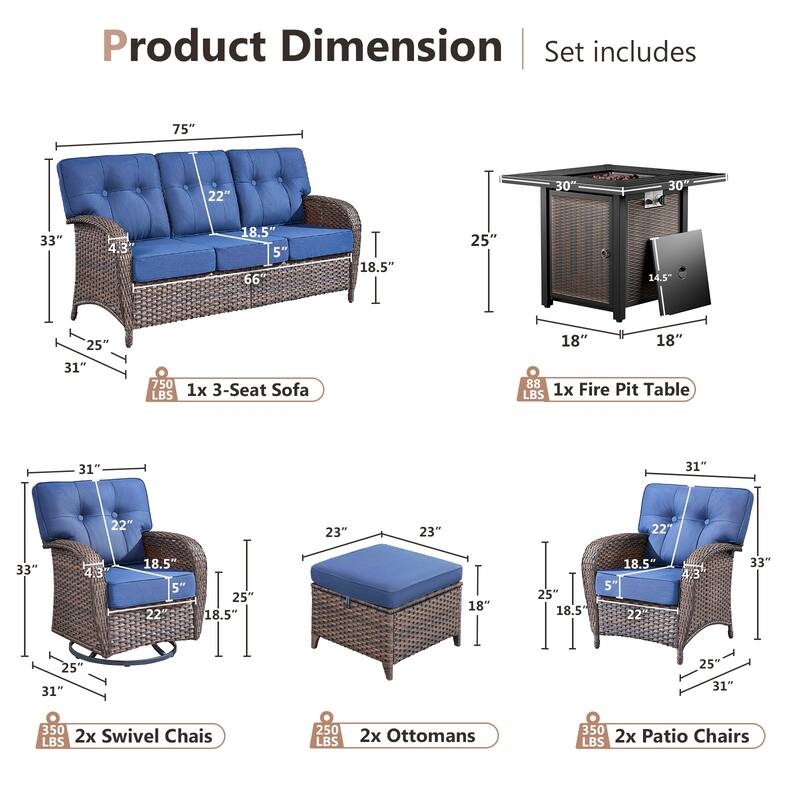 Pocassy Outdoor 30 In Fire Table with Sofa Patio Swivel Chair Set