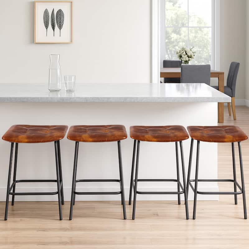Saddle Tufted 24” Height Breathable Faux Leather Counter Stools