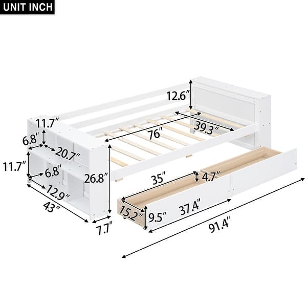 dimension image slide 1 of 2, Twin Size Pine Wood Daybed Frame with Bookcase and Drawers