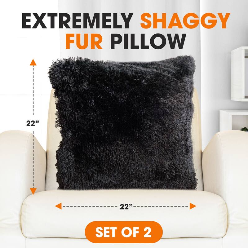 Cheer Collection Super Soft Shaggy Long Hair Throw Pillows Set of 2 Plush Accent Cushions