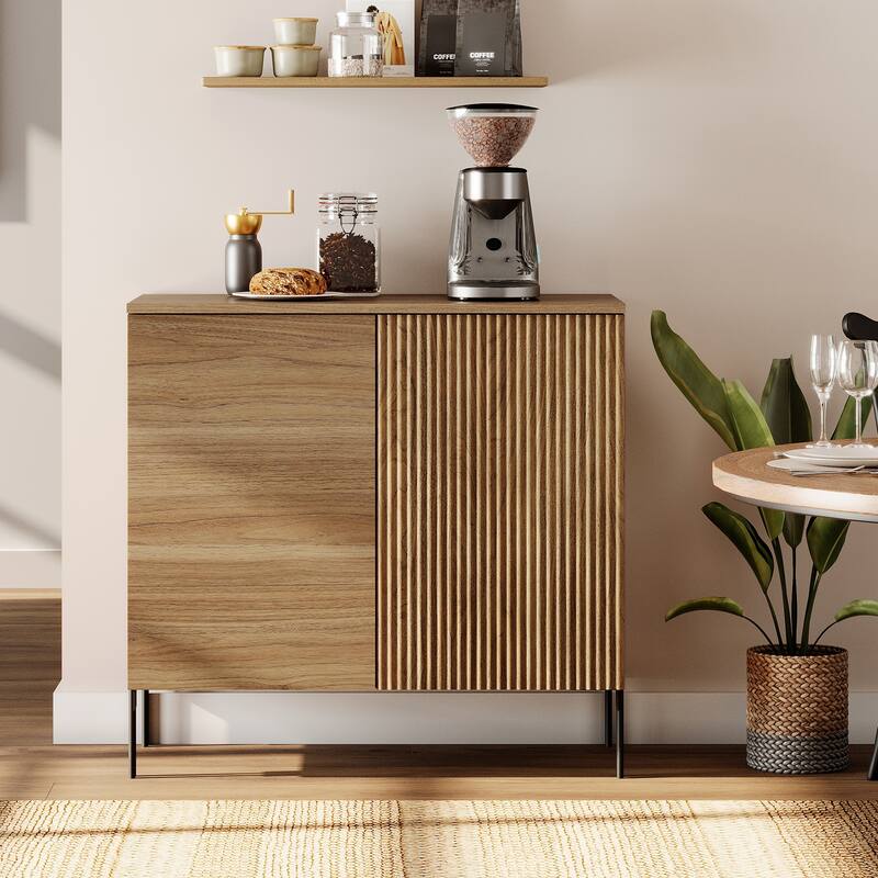 31.5" Wooden Reeded Sideboard With 2 Doors, Modern Credenza Storage Cabinet - 1PC - Walnut