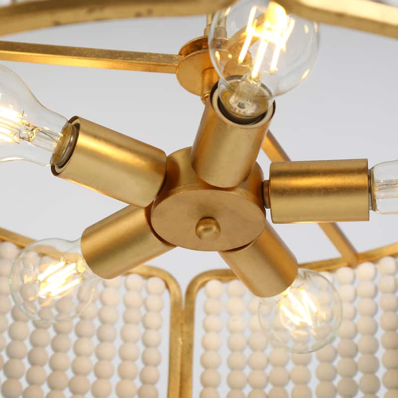 Modern 5-Light White Gold Chandelier with Goldleaf White Wooden Beads for Dining Room - 22 " W × 7.9 " H