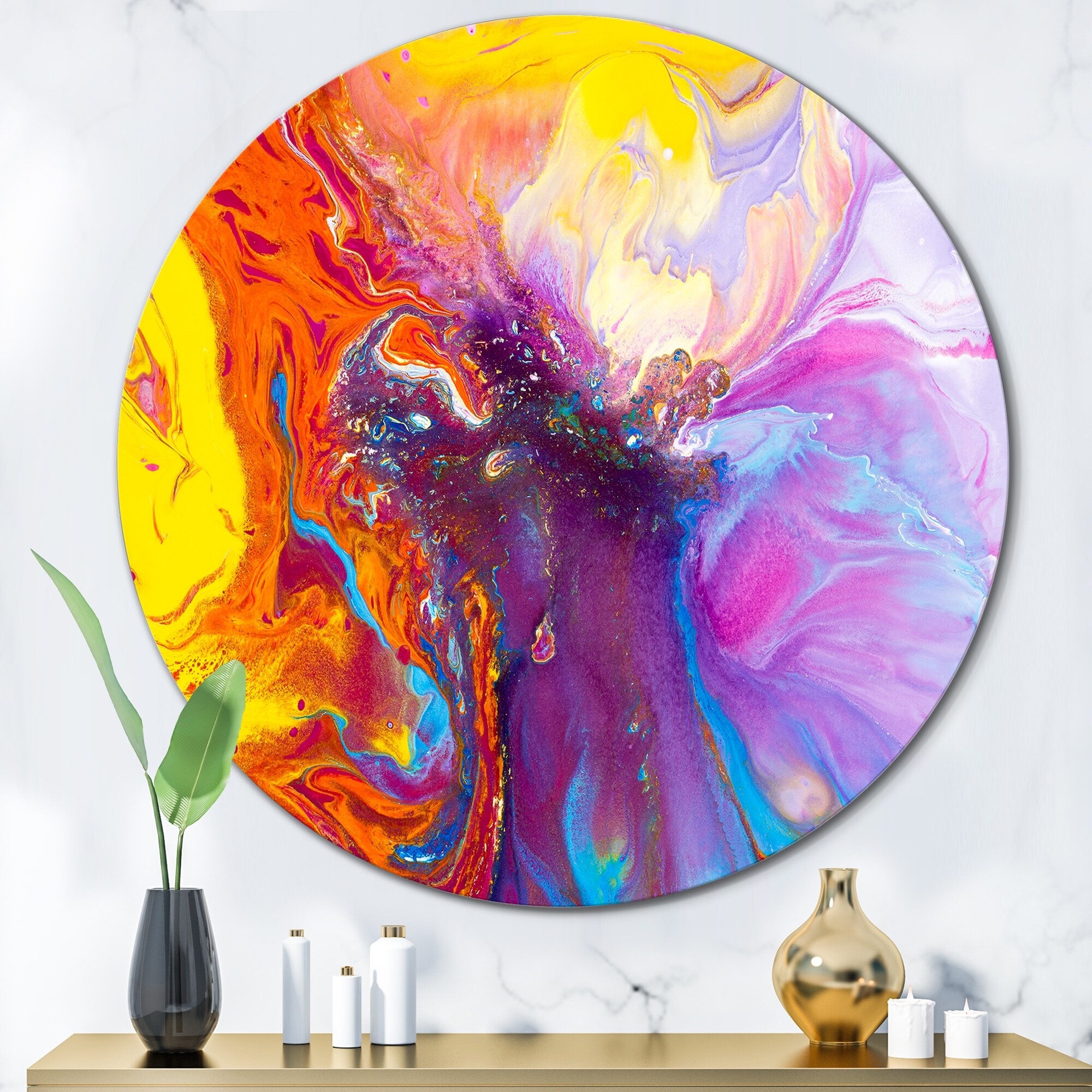 Designart 'Purple Orange And Pink Liquid Art I' Modern Metal