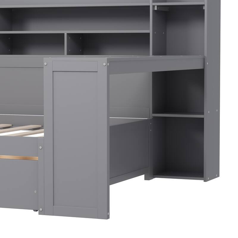 Wooden Daybed with Storage Shelves & Built-in Desk, 2 Under-Bed Storage Drawers, Corner Bed Frame with Study Desk, Bookshelf