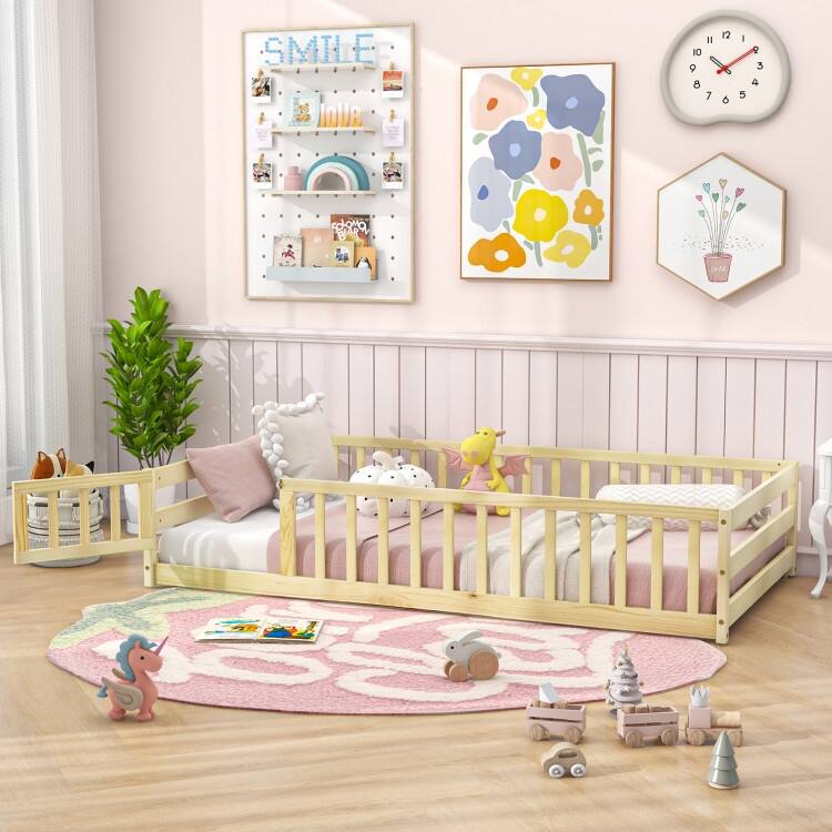 Twin Size Kids Wood Montessori Floor Bed with Door and Fence