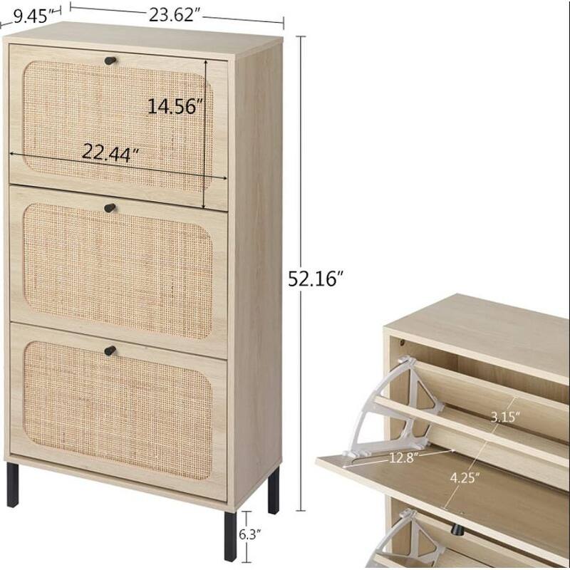 Boho Shoe Cabinet with 3 Rattan Flip Drawers, Free Standing Wood Entryway Shoe Rack, Hallway Shoe Organizer