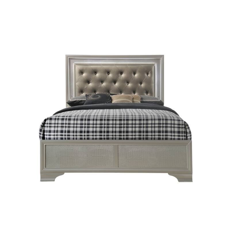 Queen Size Solid Wood Panel Bed with LED Headboard and Diamond Tufting - Champagne