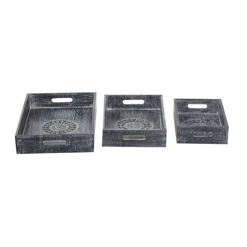 Wood Floral Intricate Carved Tray - Set of 3 Black - Roche River Decor - 12"W x 18"L x 3"H