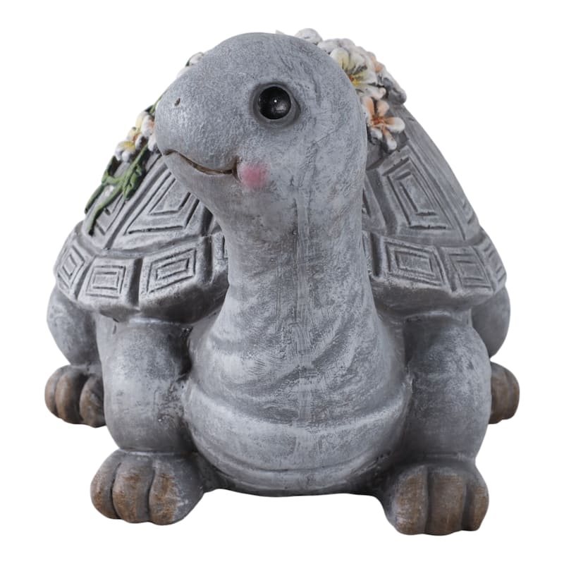 Magnesia Solar LED Turtle Garden Statue with Flowers - 9" Gray