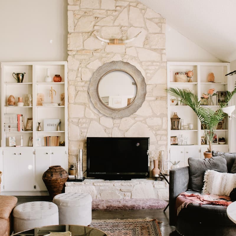 30" Bohemian Beige Round Wooden Decorative Bathroom Vanity Wall Mirror