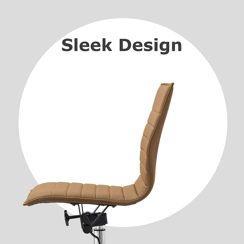 Modern Office Desk Chair | Upholstered PU Leather Ribbed Armless Mid Back with Metal Frame | Adjustable Height, Tilt Lock