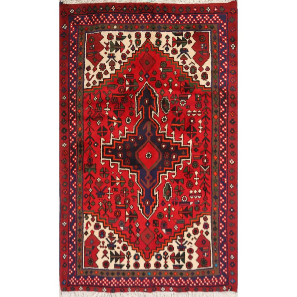 Geometric Tribal Hamedan Persian Area Rug Wool Hand-knotted Carpet - 3'5" x 4'7"
