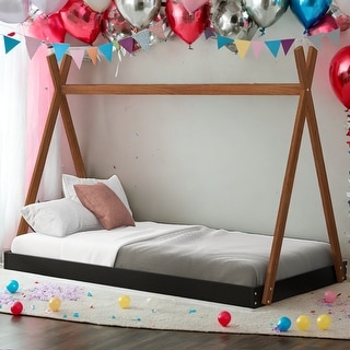Twin Size Tent Floor Bed with Triangle Structure, Safe Design, Easy Access, Black+Brown Finish