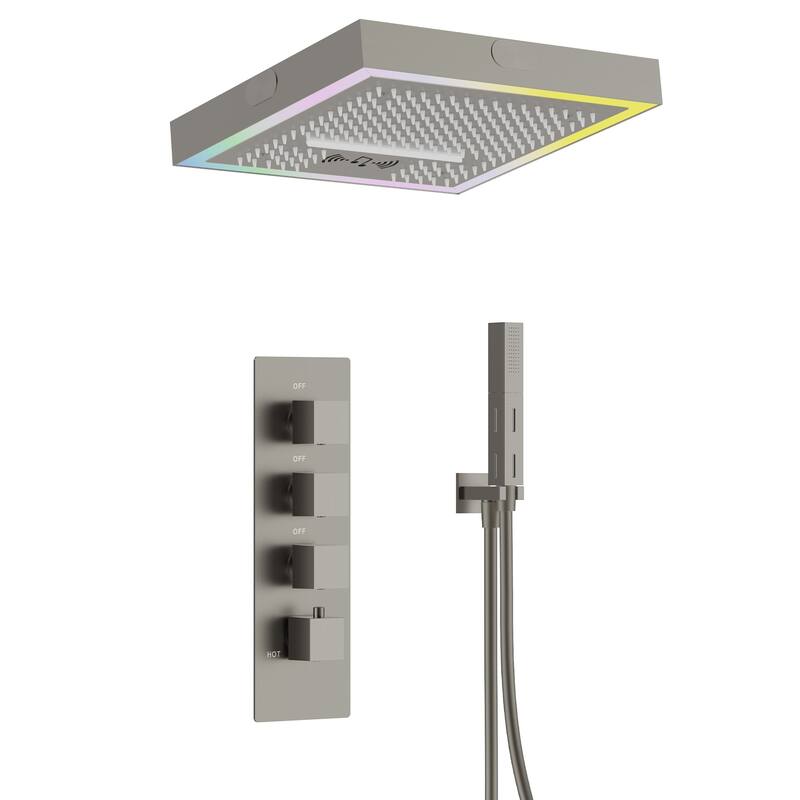 GRANDJOY Thermostatic LED Rain and Waterfall Shower System with Handheld, Built-In Music Function - Brushed Nickel