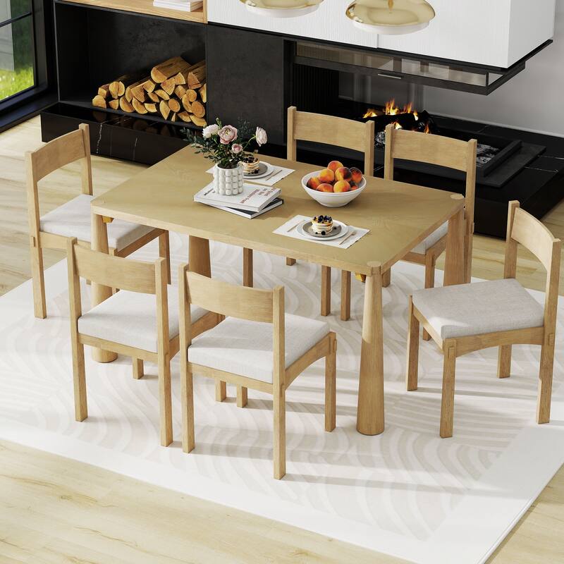Retro 7-Piece Dining Table Set for 6 with Cushioned Seats and Exposed Tapered Legs by Harper&Bright Designs -  Natural Wood Wash
