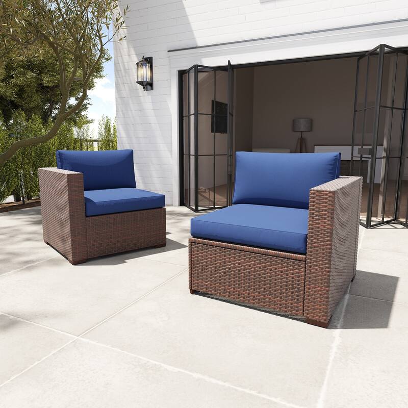2-piece Outdoor Wicker Sectional Sofa Loveseat Set - Brown and Blue