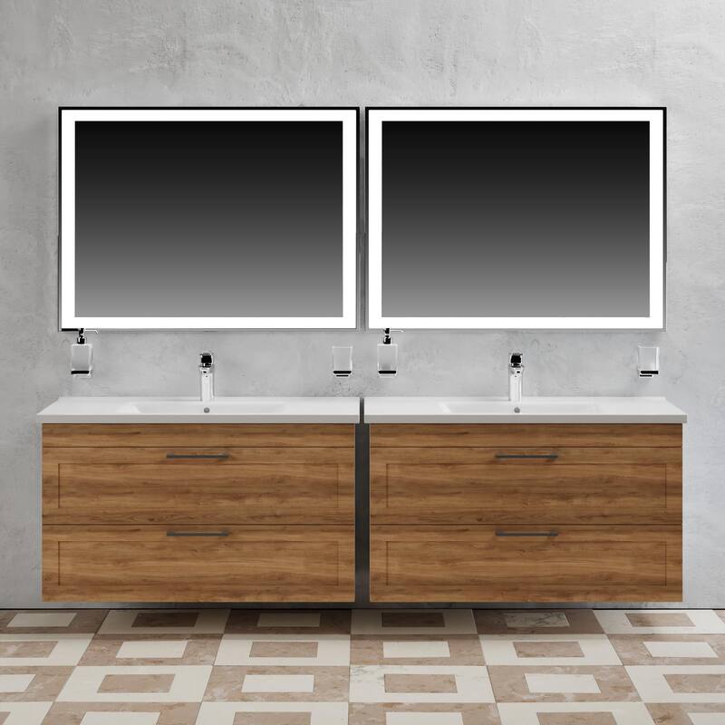 Modern Wall-Mounted Bathroom Vanity with Washbasin Palm Beach Teak Natural Non-Toxic MDF-26"-Simple 24"