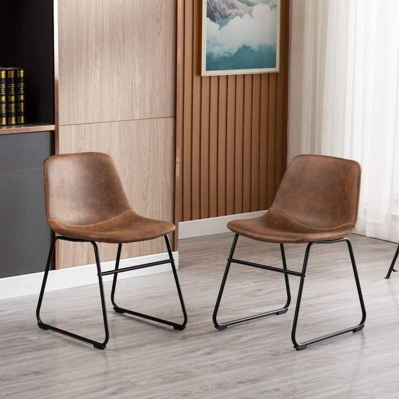 Home Beyond Set of 2 Pcs Synthetic Leather Upholstered Dining Chairs Armlesss with Metal Frame UC-13BRN