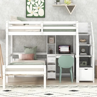 Twin Loft Bed with Storage Staircase and Desk, White