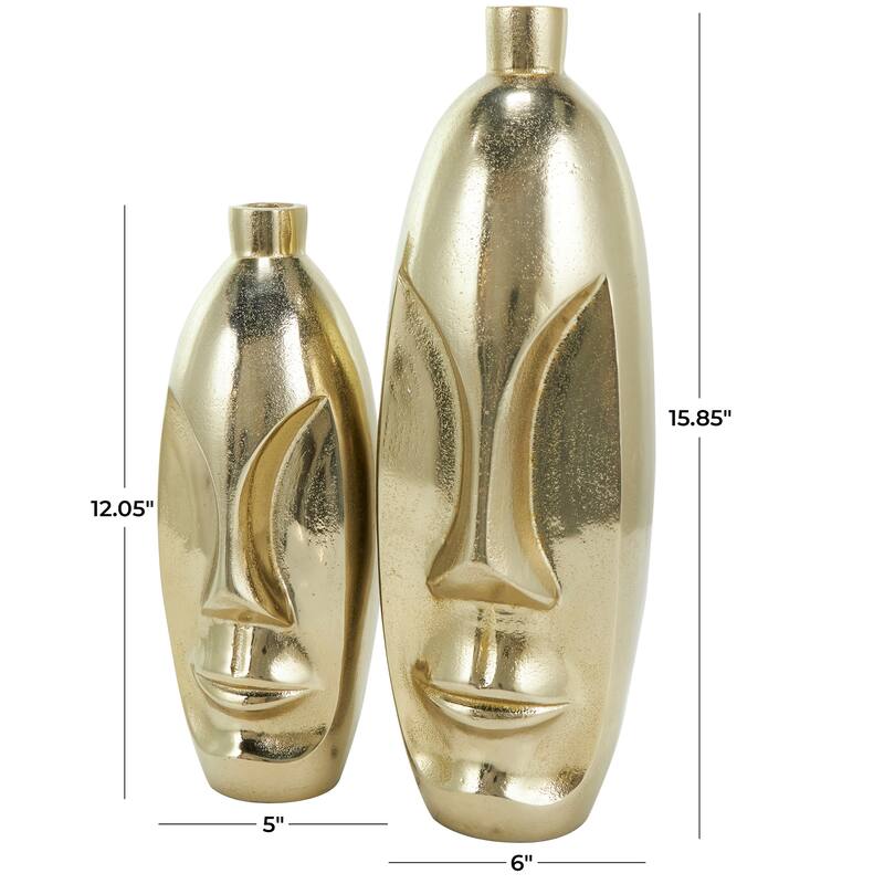 Gold Aluminum Metal Face Decorative Vase with Abstract Details (Set of 2)