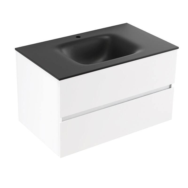 Wall-Mounted Bathroom Vanity Set in White with Black Quartz Top and Integrated Sink